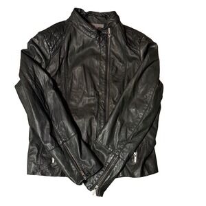 Cole Haan Womens Black Leather Moto Biker Grunge Jacket Magenta Lining XL